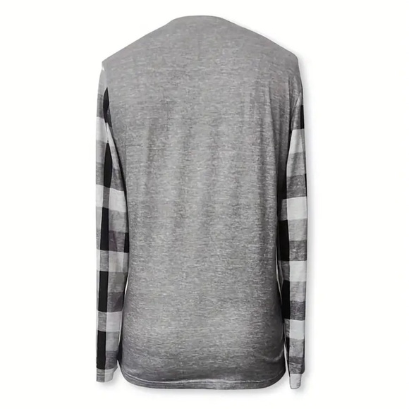 Gray, White, And Black Plaid Heart Print V Neck Long Sleeve Shirt Size XL - Picture 2 of 4